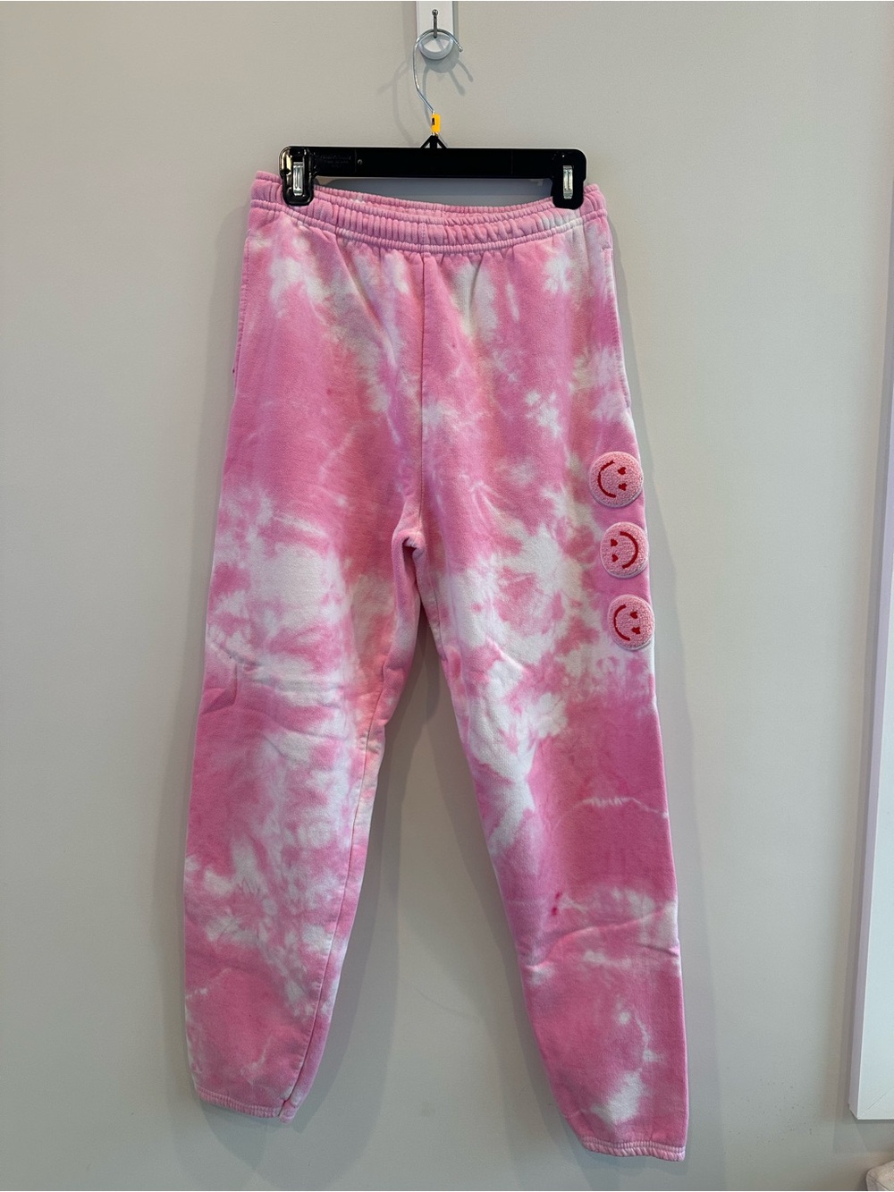 Custom Pink & White Tie-Dye Track Pants with Smile Patches